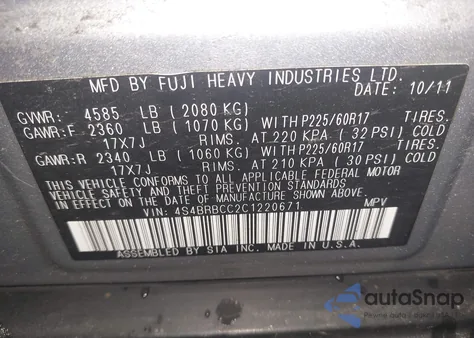 2012 Subaru Outback 2.5I Premium from USA, damaged, VIN 4S4BRBCC2C1220671